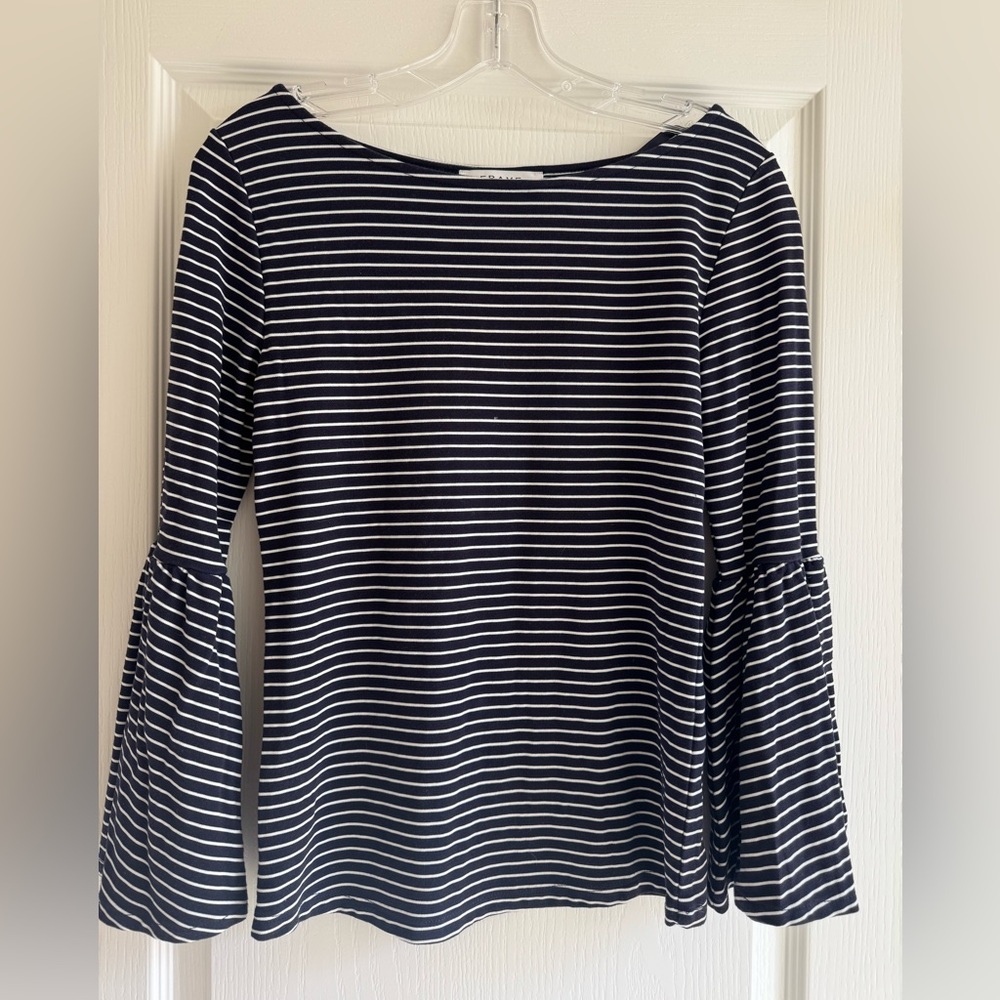Frame Denim Navy and White Striped Long Sleeve Top
